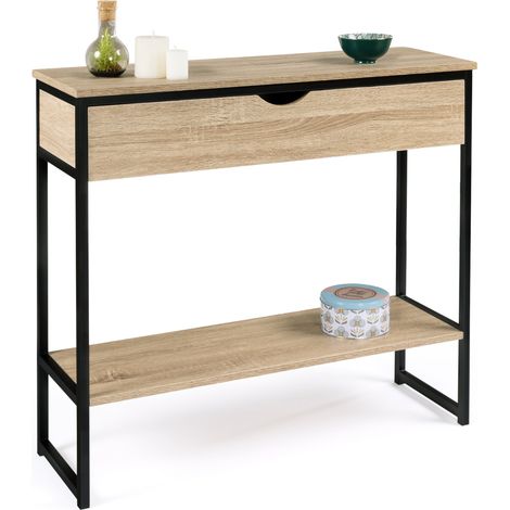 Idmarket – Console 1 tiroir DETROIT 90 cm – Étagère basse 30 cm – Structure métal noir – Panneaux particules bois – Design industriel (1/5)