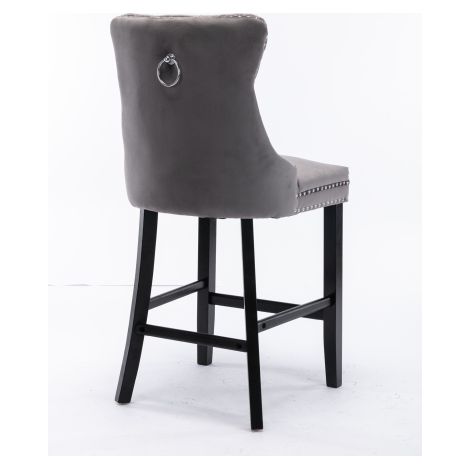 Tabourets de bar modernes rembourrés en velours (Avec capitonnage à boutons, détails zippés, pieds en bois massif et finitions cloutées chromées) — Tabourets de bar au style décontracté, Lot de 2 (Gri