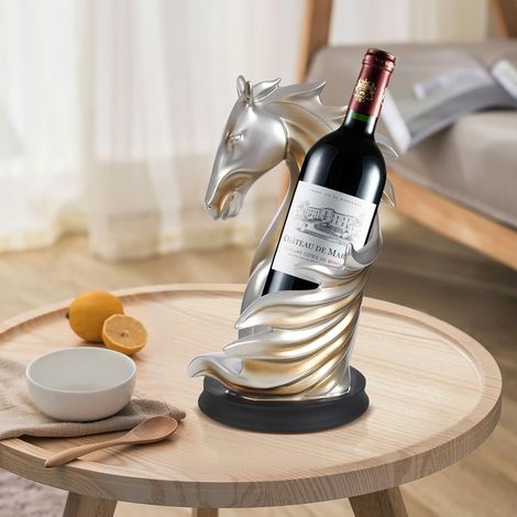 Horse Wine Rack, 17 x 30 cm Decorative Wine Bottle Holder Wine Stand, Horse Statue Display Stand Table Tops and Counters, Gifts for Wine Lovers, for Storing Wine Bottles, Wine Glasses (Silver+Gold) (1/5)