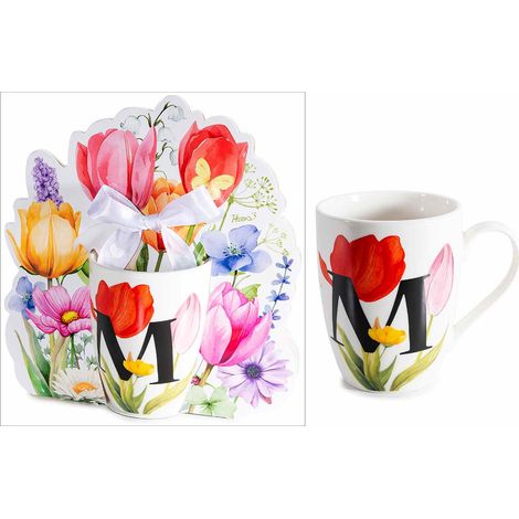 Tasses en porcelaine imprimé floral et initiale M en coffret cadeau découpé avec nœud, lot de 3, tasse : diam. 8 cm x H. 10,5 cm