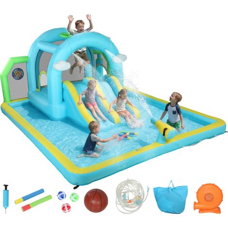 7-in-1 aufblasbare Wasserburg mit Gebläse, 2 Rutschen, Trampolin, Pool, Basketballkorb und Boxsäule, 426 x 360 x 198 cm