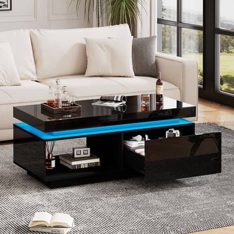 Mesa de centro de alto brillo, 100x50x40,3 cm, con iluminación LED - con cajones, capacidad de carga 50 kg, color negro (1/5)