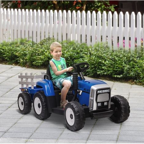 Tracteur électrique enfant 136,5x50x52,5 cm en plastique bleu avec remorque, stable – MEUBLIV (1/5)