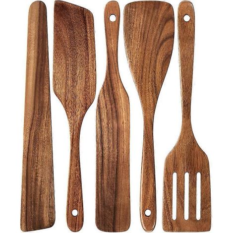 Set aus 5 Holzspateln und -löffeln für die Küche, geeignet für Antihaftbeschichtungen. (1/5)