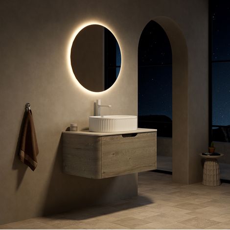 Hängender Badschrank 80 cm mit weißem Ovalwaschbecken, Travertinplatte und Schublade (1/5)