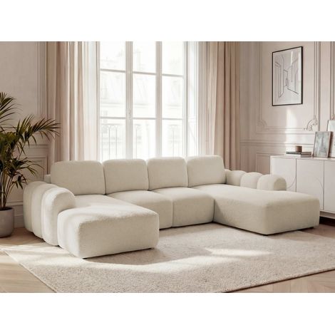 BOBOCHIC - Canapé panoramique convertible coffre MONTAIGNE tissu bouclette Angle gauche  Beige