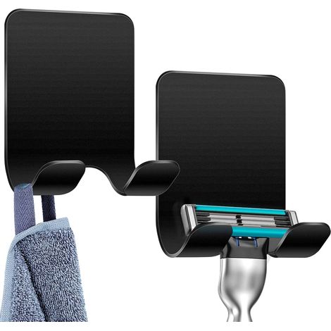 2 Pièces Support Rasoir, Crochet Adhésif Acier Inoxydable, Porte-Serviette Sans Percer Noir, Salle De Bain Cuisine (1/5)