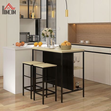 Ensemble table de bar et 2 tabourets style industriel avec étagère de rangement, repose-pieds, métal noir et aspect bois (1/5)
