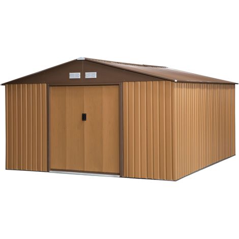 Outsunny Casetta da Giardino 12.4m² con Fondazione, 4 Prese d'Aria e 2 Porte Scorrevoli, Capanno Porta Attrezzi in Lamiera d'Acciaio, 340x386x200 cm, Giallo (1/5)