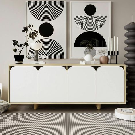 Buffet bas moderne effet bois 4 portes blanches VAREN