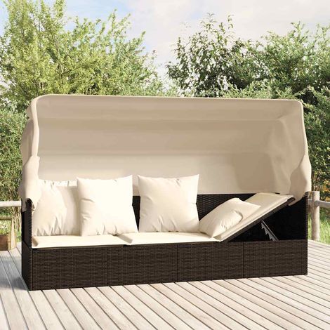Lit de Salon de Jardin avec Toit et Coussins Bain de Soleil Résine Tressée Marron - PANGIVO (1/5)