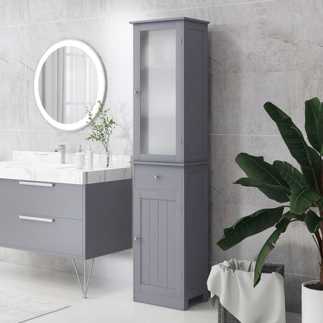 Mueble de baño tipo columna con puerta acrílica, 2 estantes y 1 estante con cajón, MDF, gris. (1/5)