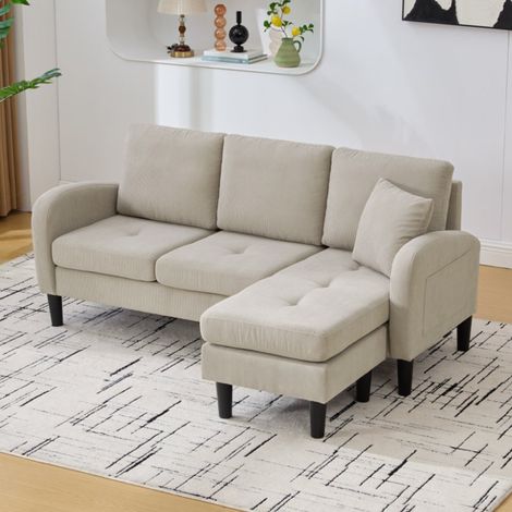 Canapé d’angle en L 3 places beige clair avec méridienne, coussin et poche latérale, revêtement velours côtelé, 166x118x77 cm, style moderne (1/5)
