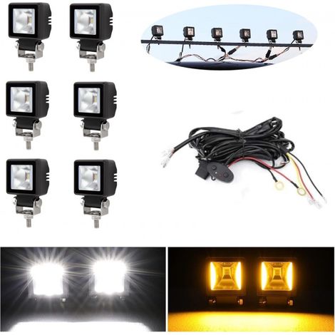 6er-Set LED-Halogenlampen mit Verkabelung, weißes Flutlicht + orangefarbenes DRL-Tagfahrlicht, 12–24V für Off-Road / 4x4 / SUV