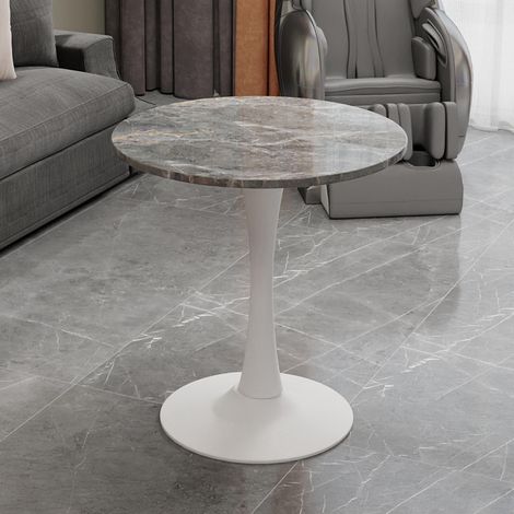 Table basse blanche 70 cm, style moderne milieu du siècle, 2-4 places. Plateau marbre veiné gris foncé, adaptée à tout intérieur.