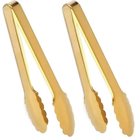 Pinces de service en acier inoxydable plaqué or, 24 cm, antidérapantes, pour buffet à salade. (1/5)