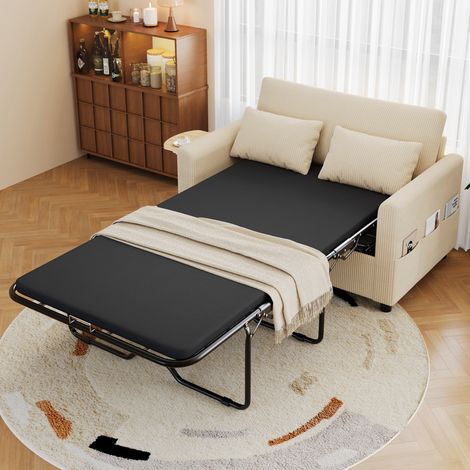 Canapé-lit 2 places avec fonction couchage,port USB,table de chevet pliante,matelas,draps et oreillers,idéal pour salon et appartement,beige.