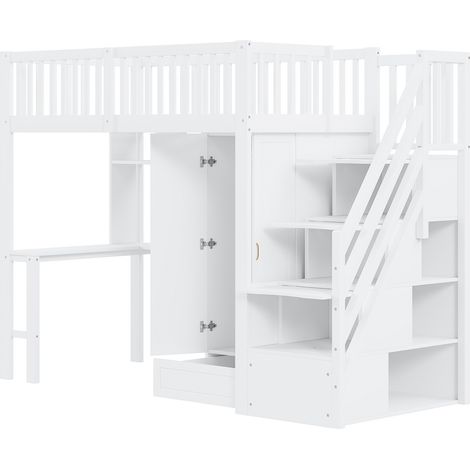 Cama alta 90 x 200 cm blanca con armario, escritorio, estantería y escalera con almacenaje (1/5)