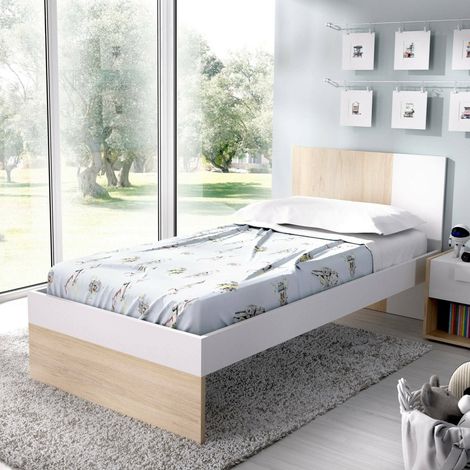 Dmora - Cama infantil Duranno, Estructura con segunda cama nido, Cama individual para dormitorio, 196x97h79 cm, Blanco y Roble (1/5)