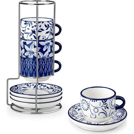 Tasses à Café Espresso avec Soucoupe - 4 x 90 ml - Mug en Porcelaine et Support pour Thé, Café, Cappuccino - Résistants au Lave-vaisselle et au Micro-ondes - Bleu et Blanc Vintage (1/5)