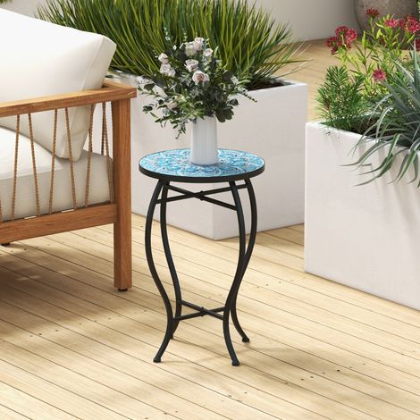 Support Pot de Fleurs Plateau en Céramique à Motifs Mosaïque Patin Antidérapant Porte Plante en Métal Intérieur Extérieur (1/2)