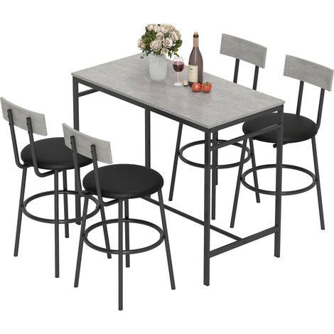 Stehtisch und 4 Barhocker mit Rücken- und Fußstütze, Industriestil, Betongrau