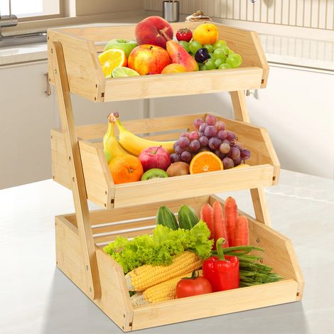 Soporte para cesta de frutas de bambú, soporte para cesta de frutas, cesta de 3 niveles, organizador decorativo para fruteros, verduras, pan, estante de almacenamiento para cocina (1/5)