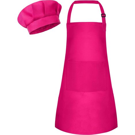 Tablier et toque de chef pour enfant - Tablier réglable pour enfant - Tablier de cuisine avec 2 poches - Pour peinture, pâtisserie, cuisine - Rouge rose, Rose, 18 x 24 Zoll (1/5)