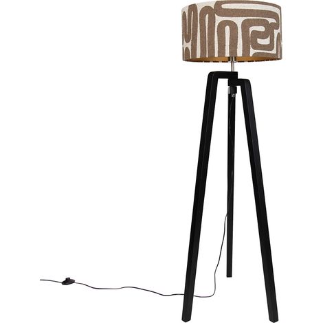 QAZQA Floor Lamp Black Tripod with Brown and Beige Striped Shade (1/5)