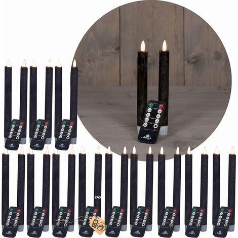Bougies bâton LED 12 pièces VRAIE CIRE NOIRE avec fonction minuterie 6 heures 18 cm de hauteur pour les bougies 2,2 cm de diamètre 2 piles AAA
