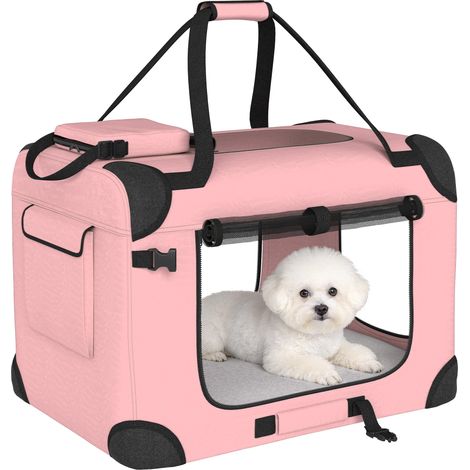 Sac de transport pliable pour chiens et chats (60 x 41,5 x 41 cm) avec fenêtres en filet, coussin moelleux et 2 poignées, rose.