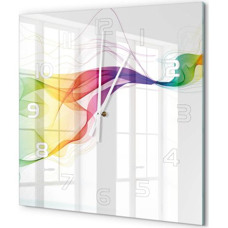 Grande Horloge Murale Carrée Déco Salon Verre Trempé Silencieuse Design Contemporain Abstraction colorée 60x60 cm (1/5)