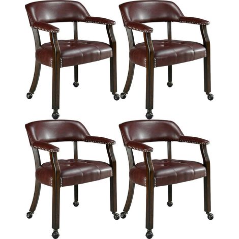 PADMA HOUSE Set of 4 Large Dining Chairs with Casters and Arms, Rolling Dining Chairs with Wheels, Accent Game Poker Chairs, Boss Caption's Chairs, Solid Wood Legs and Faux Leather Seat, Cherry Brown  (1/5)