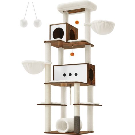 Feandrea Arbre à Chat, Tour de Jeux Moderne de 197 cm, Multi-Niveaux, avec 2 Niches, 2 Paniers, 4 Griffoirs, Toiletteur, Tunnel, Plate-forme, pour Chats d’Intérieur, Marron Rustique (1/5)