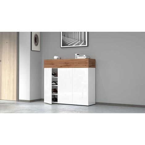 Scarpiera 3 Ante e 1 Ripiano a Ribalta 114x35x100 cm Savona 3A 1R Bianco Opaco/Rovere Wotan (1/5)