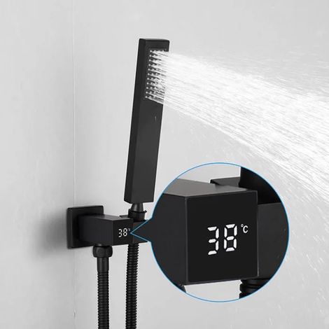 Ensemble de douche : support de douche numérique, pommeau de douche à main en laiton noir mat, support en laiton et flexible de 1,5 pouce avec douchette à main en cuivre pour économie d'eau. (1/5)