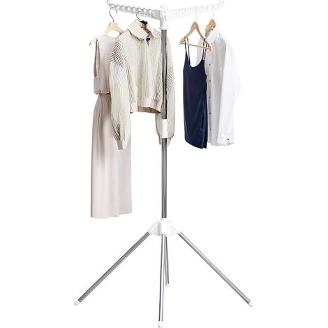 Étendoir Pliable, Portant avec 3 Ailes Pliables et Bras Rotatif Acier Inoxydable Étendage, Séchoir pour Intérieur et Extérieur, 4 Pieds, Blanc (1/5)