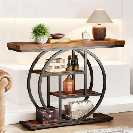 Console da ingresso industriale a 4 livelli, piano 4 cm, metallo e legno, nero e marrone (1/5)