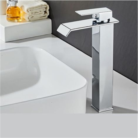 TAISHENGDA-Robinet de salle de bain cascade haut à bec droit argenté avec tuyau d'arrivée de 60 cm Mitigeur de lavabo à bec large de style européen pour eau chaude et froide (1/5)