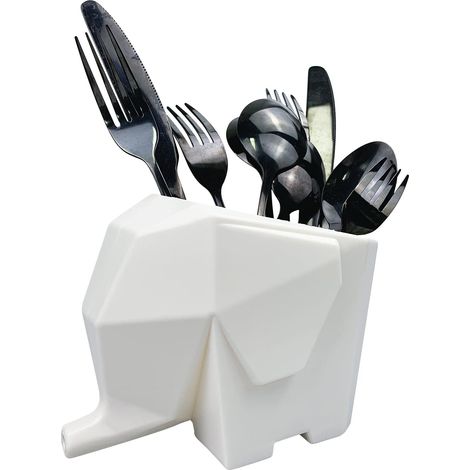 Égouttoir À Couverts - Forme Éléphant - Blanc - Avec Trou De Vidange Pour Couteaux Fourchettes Et Cuillères - Rangement Évier Cuisine - 1 Pièce (1/5)