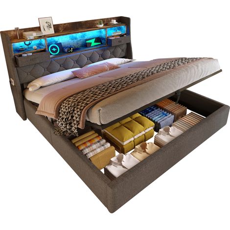 Letto Matrimoniale Contenitore 180 x 200 cm in Lino, LED, 3 USB e Type-C, senza Materasso, Grigio (1/5)