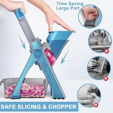 Mandoline de Cuisine Slicer Manuelle Coupe Légumes en acier inoxydable, Julienne, Cubes, Patate Frite carotte -bleu ciel (1/4)
