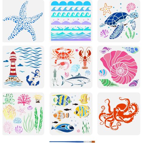 9Pcs Pochoir de Peinture Océanique D'Été Avec Pinceau 30X30cm Modèle de Dessin de Vagues de Mer Coquillages de Poisson Phare Tortue Poulpe Coraux Pochoir pour Bois Mur Tissu Meubles (1/5)