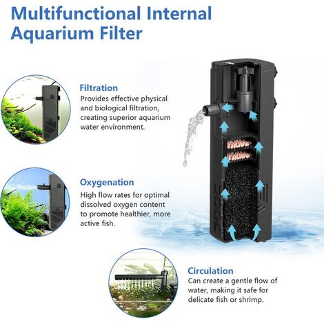 Filtre Interne pour Aquarium 3 en 1, Filtration, Oxygénation et Circulation, Débit Réglable, Adapté pour Poissons et Crevettes