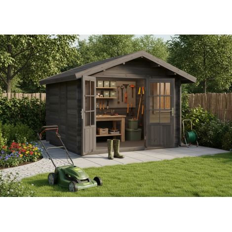 Alpholz Gartenhaus Palermo Gartenhaus aus Holz in Grau, Holzhaus mit 28 mm Wandstärke, Blockbohlenhaus mit Montagematerial (1/4)
