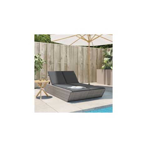 Chaise longue double avec coussins gris résine tressée (1/5)