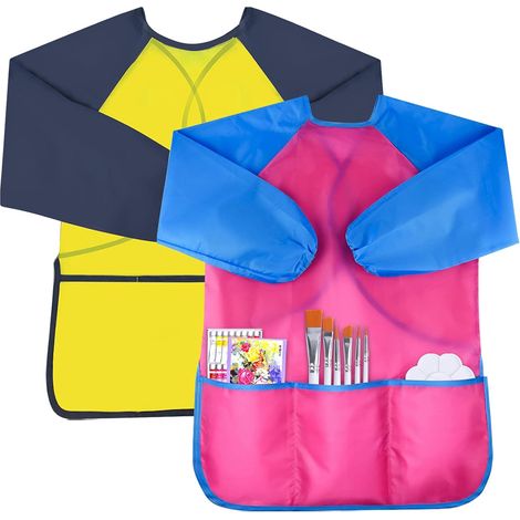 2Pcs Kids Painting Apron, Kids Smock with Long Sleeves and 3 Pockets, Polyester Aprons, Art Smock for Painting, Cooking, Coloring, Feeding 3-8 Years, 3-8Y (1/5)