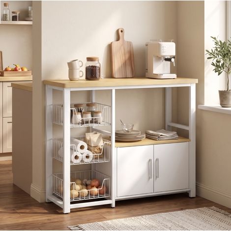 MODFU – Étagère cuisine 100x35x80 cm – 3 paniers, placard – Niche micro-ondes – MDF – Pieds réglables – Chêne (1/5)