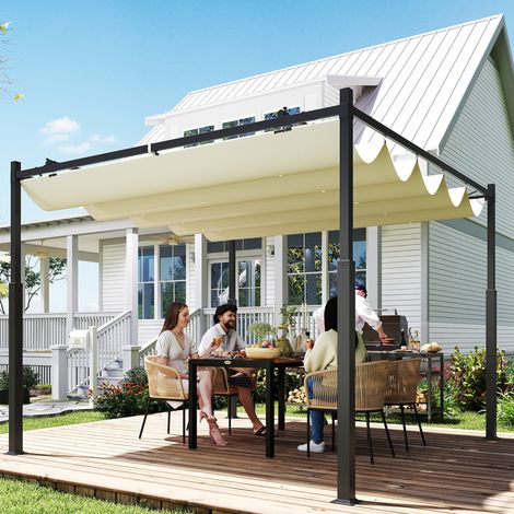 Pergola da giardino 3x3 m con tetto retrattile e accessorio magnetico, protezione UV30+, colonne e ganci in metallo, colore crema.