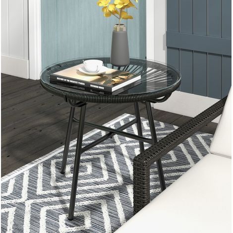 Mesa auxiliar de jardín 50x50x50 cm negra en ratán PE con cristal templado y estructura metálica (1/5)